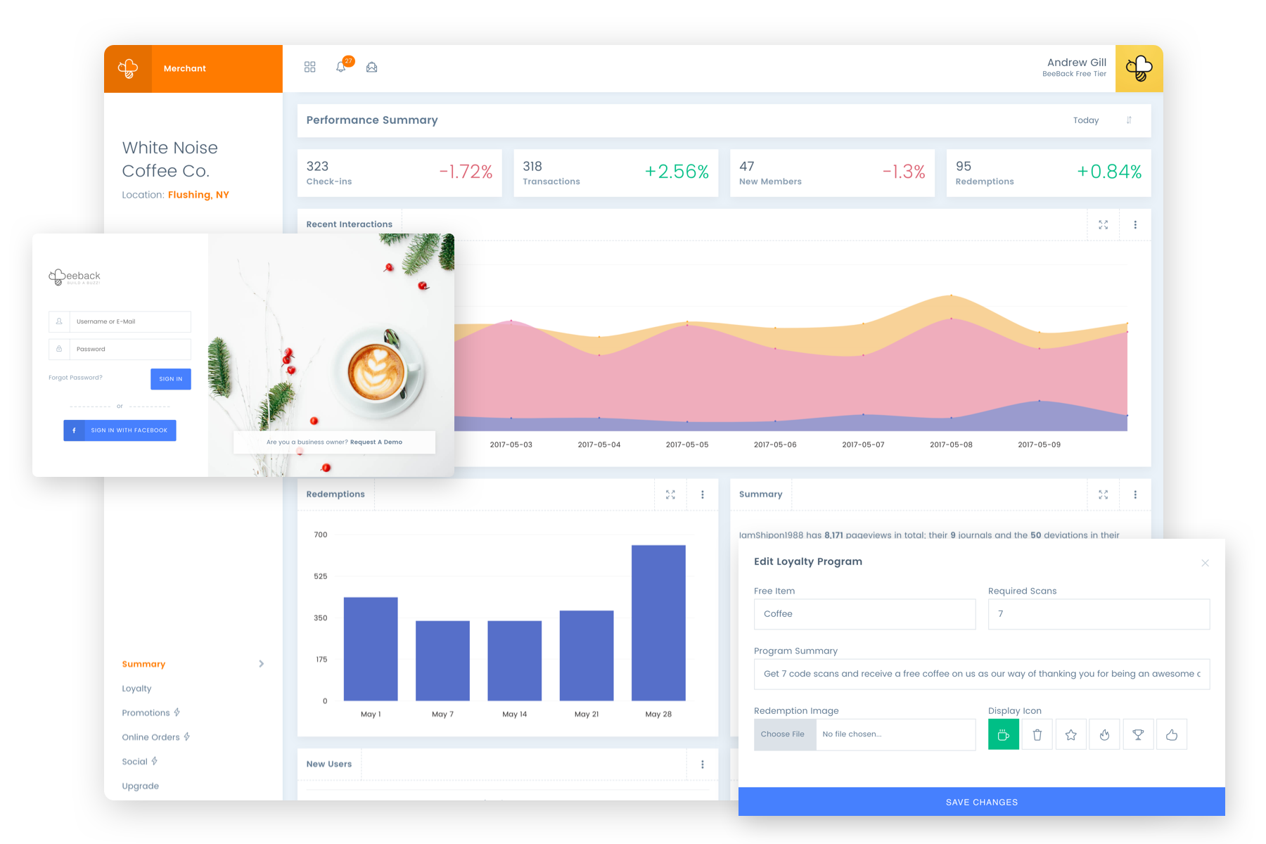 Business dashboard interface with analytics, performance metrics, and campaign management