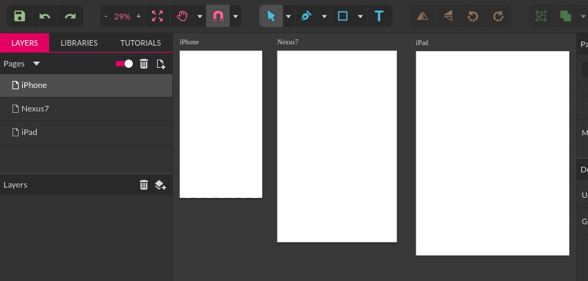 Gravit Designer artboards panel showing multi-page document layout