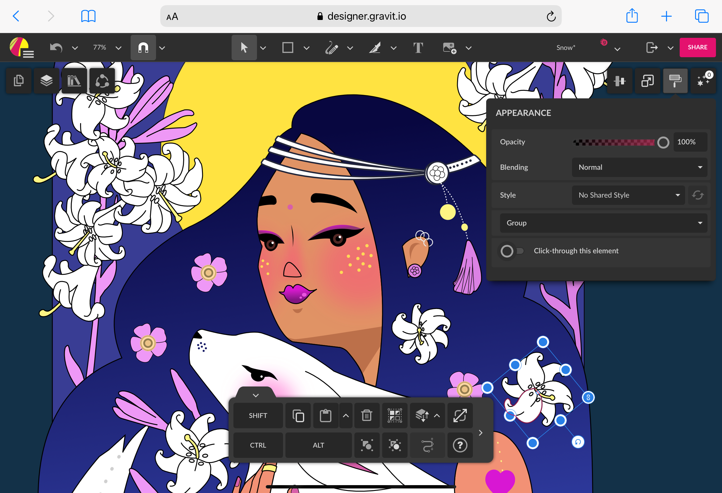 Complex vector artwork created in Gravit Designer showing precision editing tools