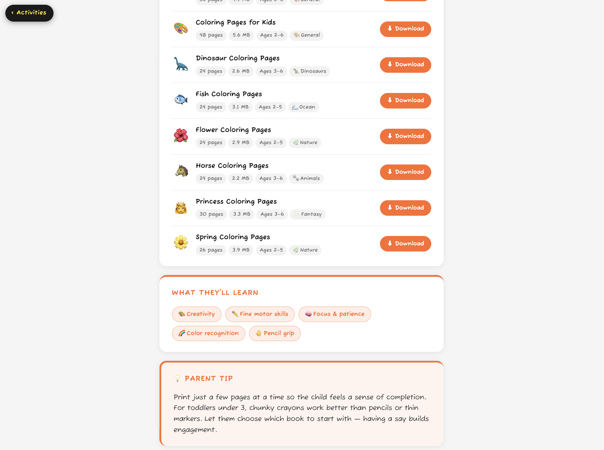 ToddlerQuest offline activities page showing hands-on learning activities and downloadable coloring books