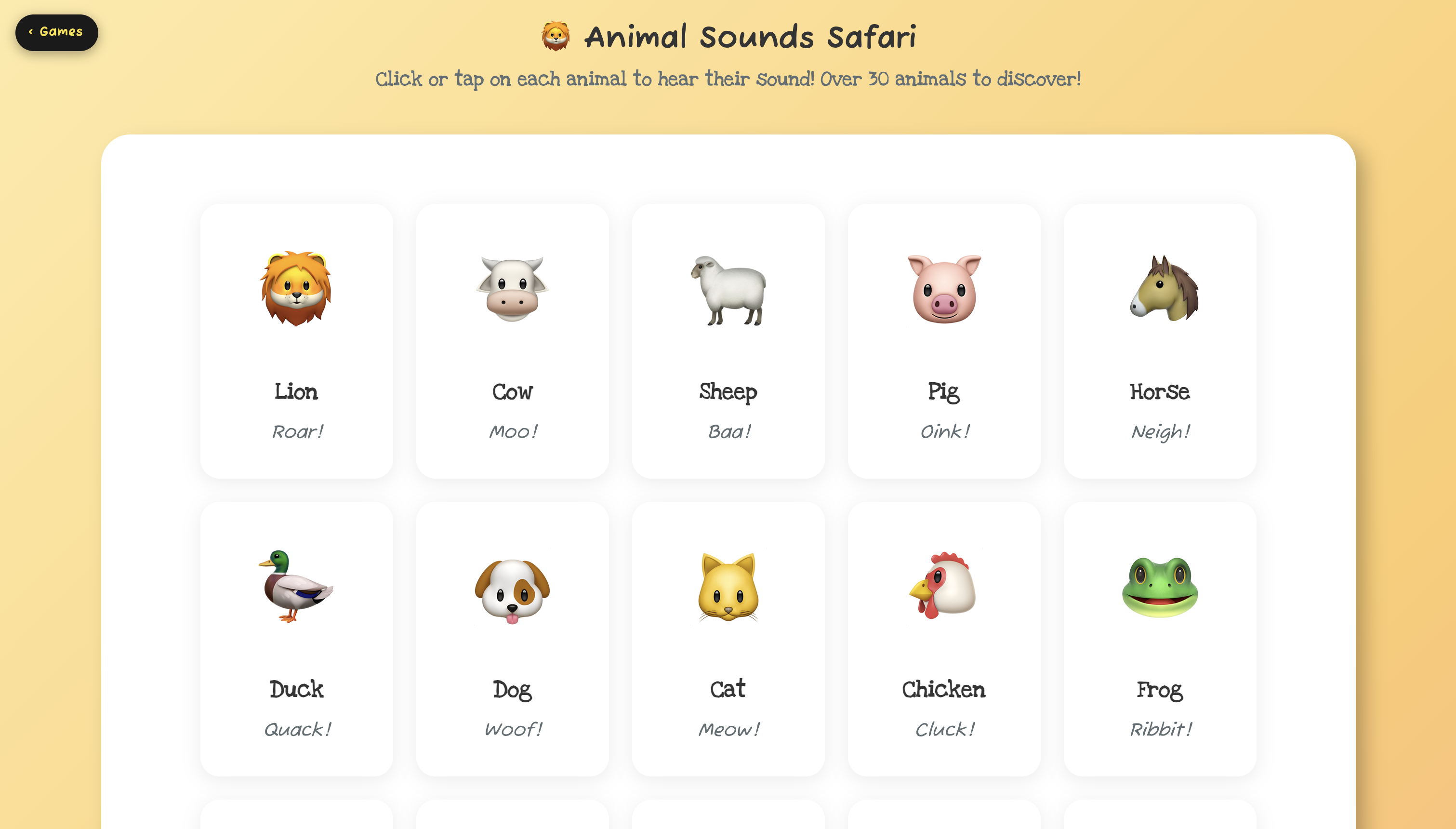 Animal Sounds Safari game showing large illustrated animals with big touch targets