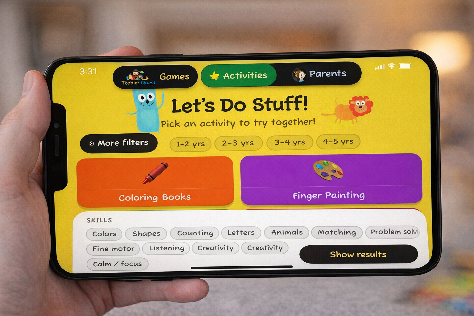 ToddlerQuest mobile layout showing game catalog adapted for phone and tablet screens