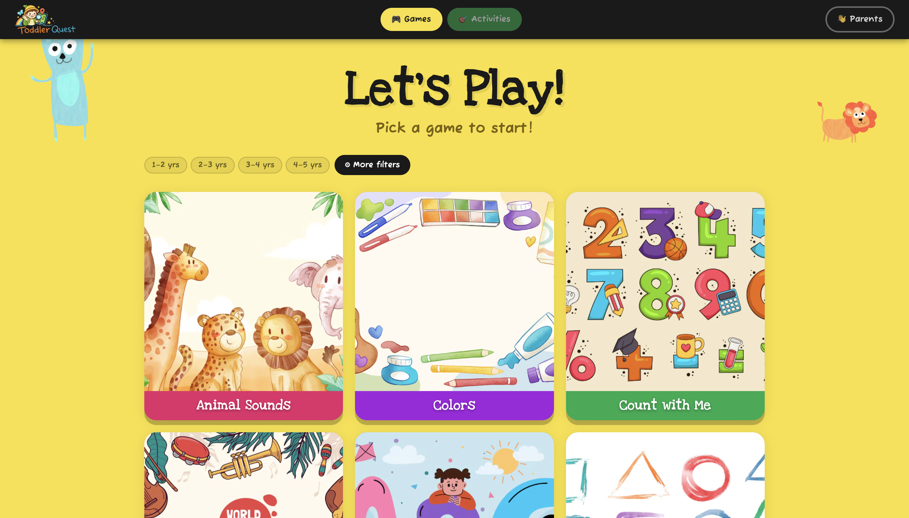 Redesigned ToddlerQuest homepage with games visible above the fold and calmer background palette