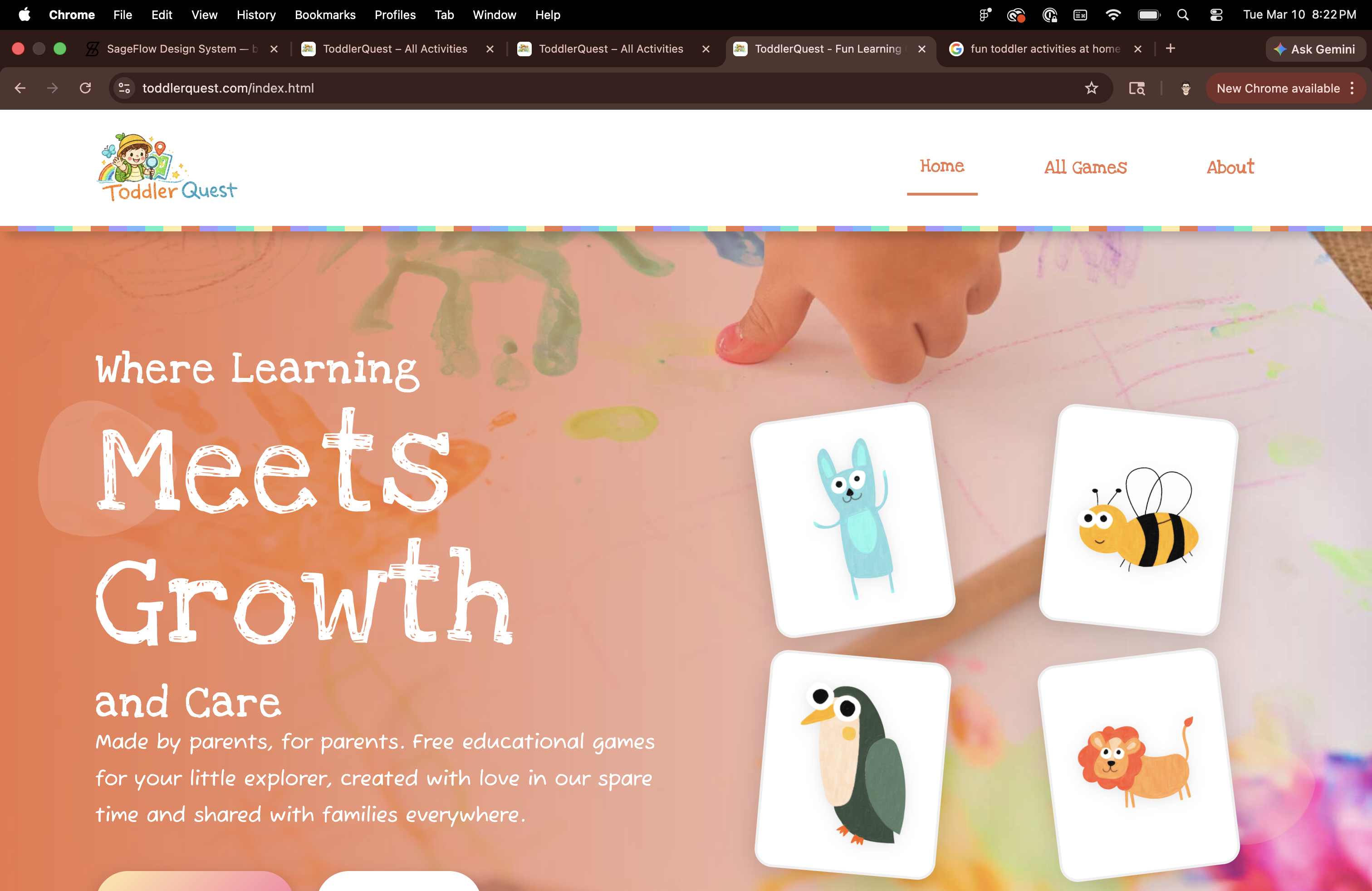 Original ToddlerQuest homepage with large hero section and games hidden below the fold