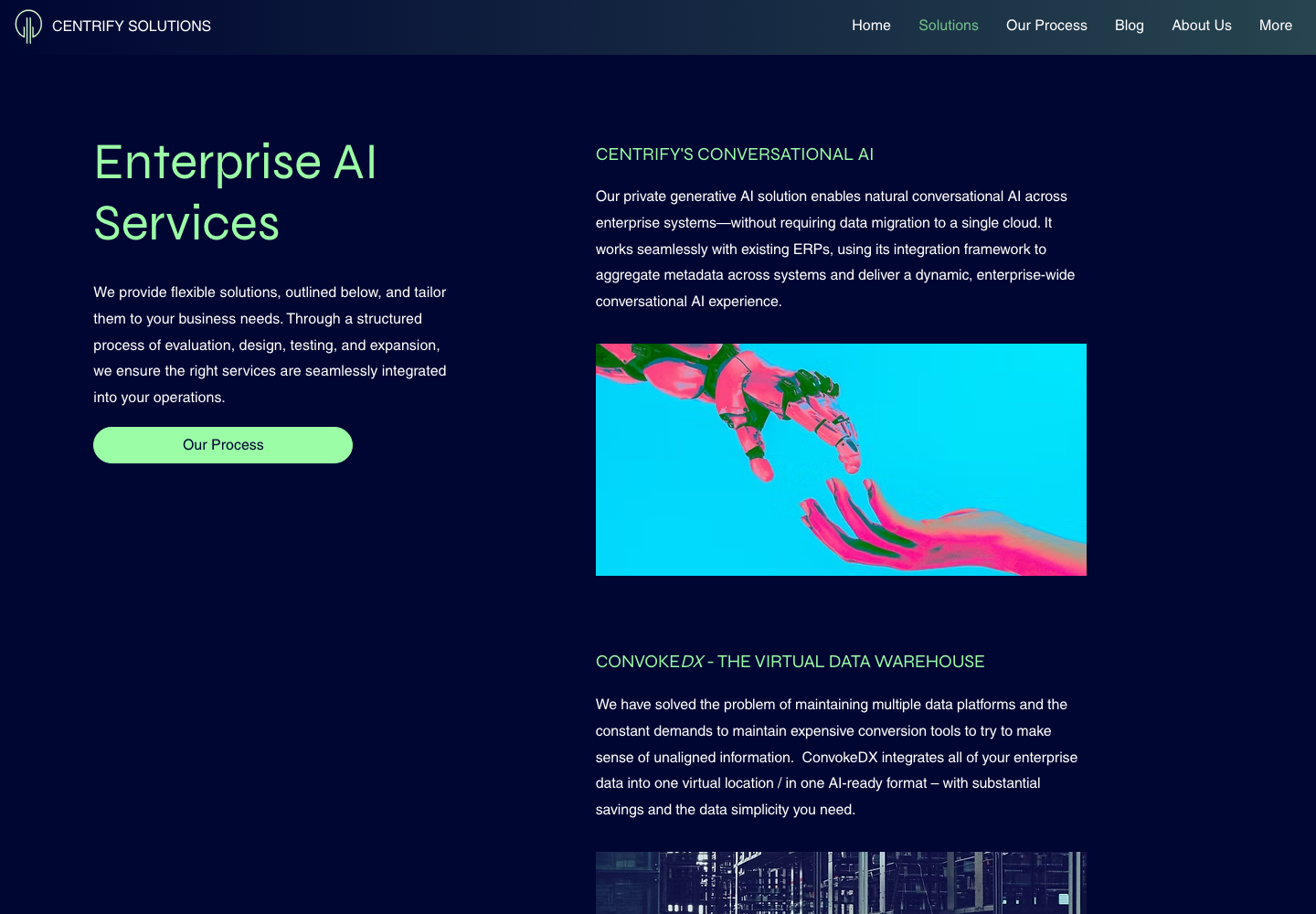 Original Centrify Solutions page with dense text and multiple service sections